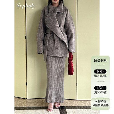 VIKTORIACHAN 25AW秋冬新品 高领短款系带双面呢100羊毛大衣外套