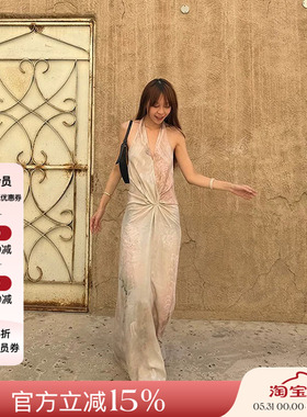 Deplumer 26SS春夏新品 法式优雅挂脖连衣裙女露背修身显瘦长裙