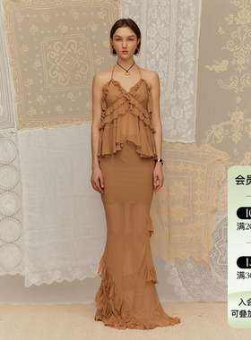 Deplumer 25SS新品 度假风荷叶边挂脖吊带上衣修身鱼尾半身裙长裙