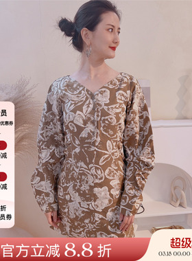 二折特惠现货授权Ecrivain22春夏原创花纹V领弧形门襟连衣裙