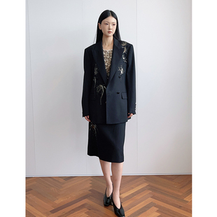 WEI 正品 24AW秋冬新款 外套裙子套装 授权 ⿊⾊亮⽚⽺⽑⻄装 JACQUES