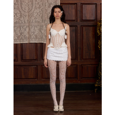 Deplumer 25AW新品 吊带修身蕾丝上衣波西米亚风白色亮片超短半裙