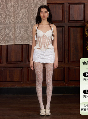 Deplumer 25AW新品 吊带修身蕾丝上衣波西米亚风白色亮片超短半裙