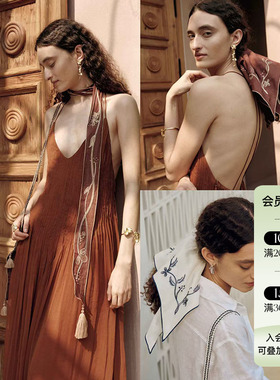 MONSECRET无尽夏刺绣苎麻发圈新款设计感丝巾流苏飘带发饰配饰女