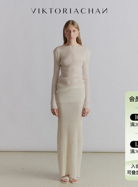 现货授权VIKTORIACHAN 24SS春夏新品坑条针织一字领紧身长袖上衣