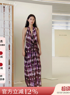 AETNA PROJECT 26SS春夏新品 菱形印花挂脖连衣裙女露背苎麻长裙