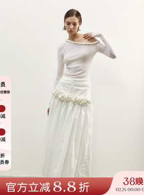 NONETONE 25AW秋冬新品 白色手工花朵装饰牛仔拼接百褶伞裙长裙