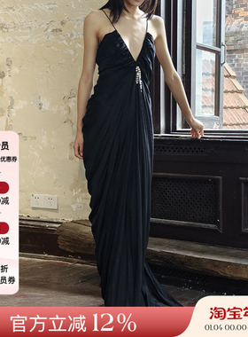 Xiangqiao Sheng盛湘乔 25ss春夏 黑色深v领吊带礼服裙女宴会长裙
