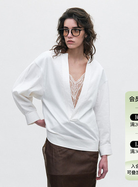 JACQUES WEI 25SS春夏新品 蕾丝V领拼接衬衫女白色长袖休闲上衣