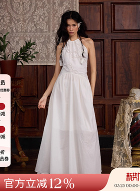 Deplumer 25AW新品 法式度假风挂脖连衣裙镂空刺绣露背无袖长裙