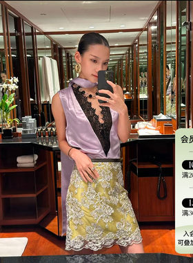 JACQUES WEI 26SS春夏新品 设计感醋酸V领蕾丝背心女缎面飘带上衣