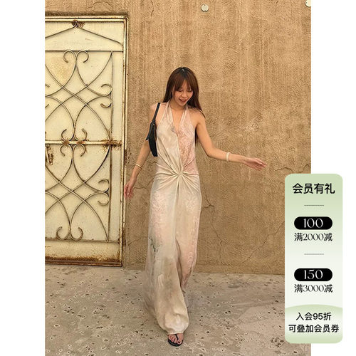 Deplumer 26SS春夏新品 法式优雅挂脖连衣裙女露背修身显瘦长裙