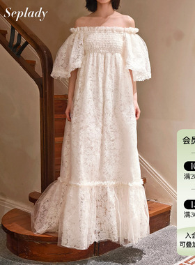 Deplumer 25AW新品 设计感一字肩连衣裙宽松蕾丝重工纯色长款裙子