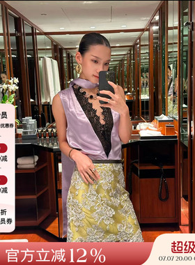 JACQUES WEI 26SS春夏新品 设计感醋酸V领蕾丝背心女缎面飘带上衣