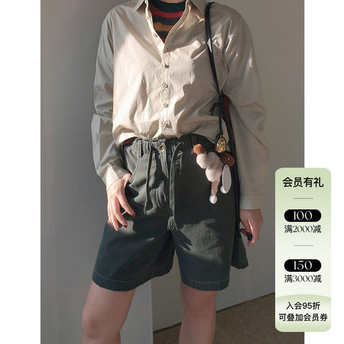 4折 WHM 25SS春夏新品 平纹帆布抽绳短裤女纯色百搭休闲裤子
