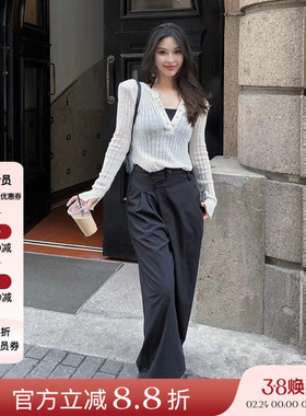 正品授权Loosing White 时尚百搭黑色斜门襟阔腿裤休闲裤女