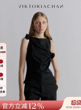 4折 现货授权VIKTORIACHAN 24SS春夏新品 花朵装饰褶皱背心上衣