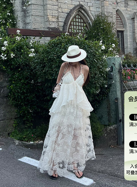 Deplumer 25AW新品 波西米亚度假风假两件刺绣连衣裙仙女挂脖长裙