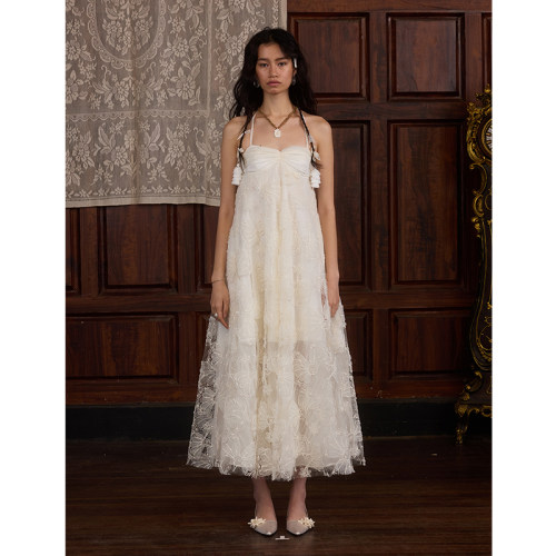 Deplumer 25AW新品 度假风贝壳胸绣花纱吊带连衣裙纯色仙女长裙