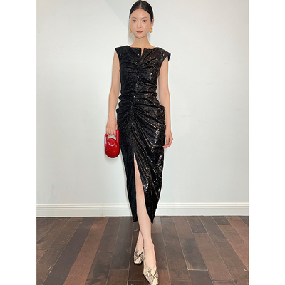 JACQUESWEI亮片褶皱开衩连衣裙