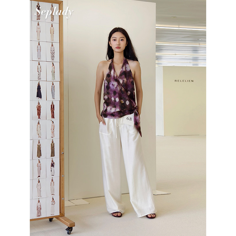 AETNA PROJECT 26SS春夏新品 菱形印花挂脖背心时尚绑带苎麻上衣