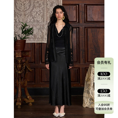 Deplumer 25AW新品 黑色缎面醋酸斜拼鱼尾半身裙垂感气质显瘦裙子