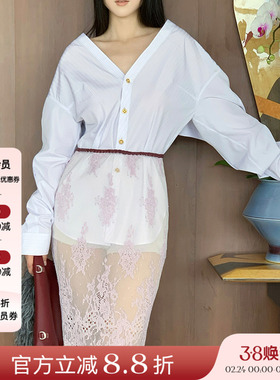 JACQUES WEI 25SS春夏新品 白色条纹落肩衬衫女蕾丝透感半裙