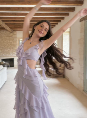 Deplumer 26SS春夏新品 设计感荷叶边V领雪纺连衣裙开衩显瘦长裙