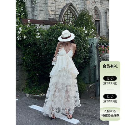 Deplumer 25AW新品 波西米亚度假风假两件刺绣连衣裙仙女挂脖长裙