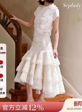 Deplumer 25AW新品 挺括绣花纱半身裙女中长款重工小众蛋糕裙百搭