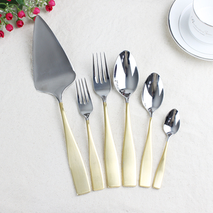 出口美国西餐具18/10不锈钢镀金柄西餐勺牛排叉子咖啡勺子水果叉