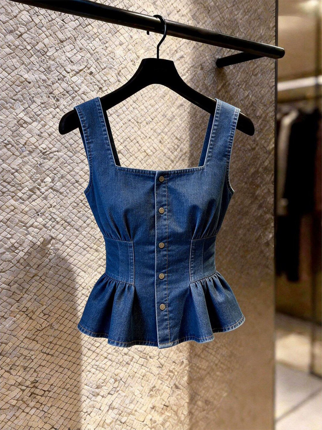 Qadın üçün denim jilet, kvadrat boyunlu, düyməli, qısa