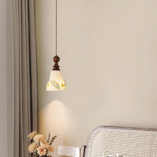 法式复古风卧室床头小吊灯实木花朵陶瓷灯玄关过道背景墙长吊线灯