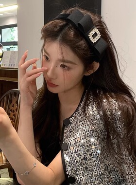黑色丝绒结方锆发箍女富家千金水钻头箍秋冬高颅顶头饰