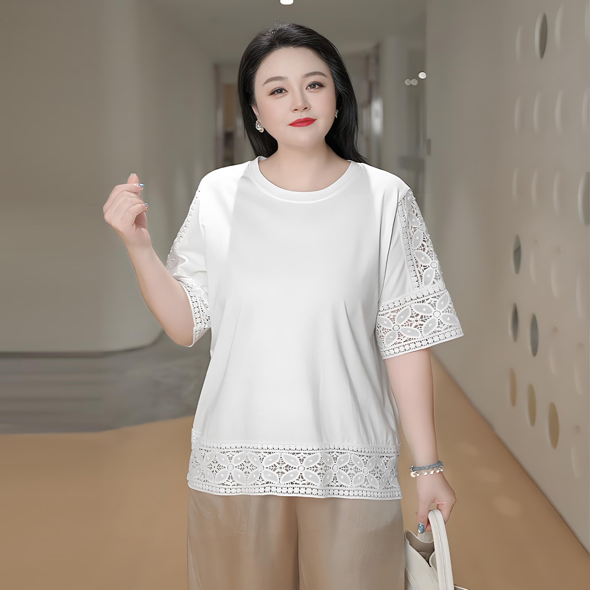 MsShe大码女装正肩T恤镂空蕾丝图片