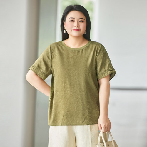 MsShe大码女装短袖T恤提花缎面