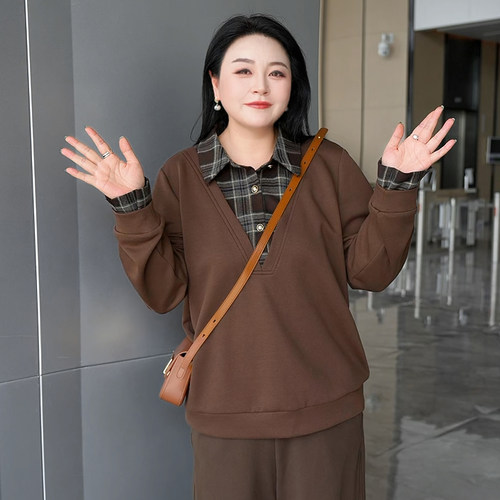 CAIYIN采音大码女装卫衣格纹拼接