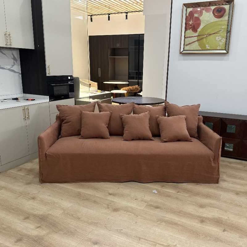 侘寂风格民宿复古亚麻沙发 焦糖棕色三人可拆Q洗羽绒布艺沙发直排