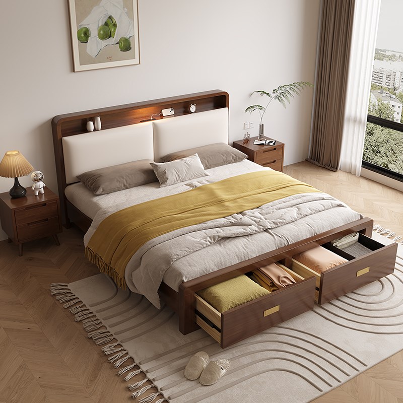北欧全实a木1.8米主卧现代简约1.5米1.35 米1.2米床尾带抽屉储物
