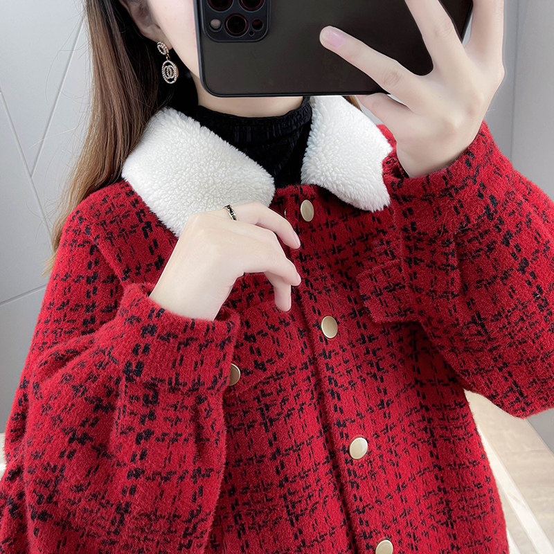 格子毛呢外套女秋冬2022年新款爆款时尚洋气小个子红色短款上衣女