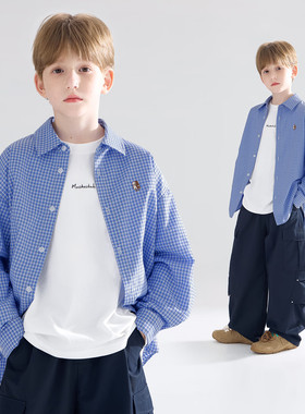 【宁儿粉丝专享】叠穿能手 蓝格子小狗绣花百搭衬衫学院男女童