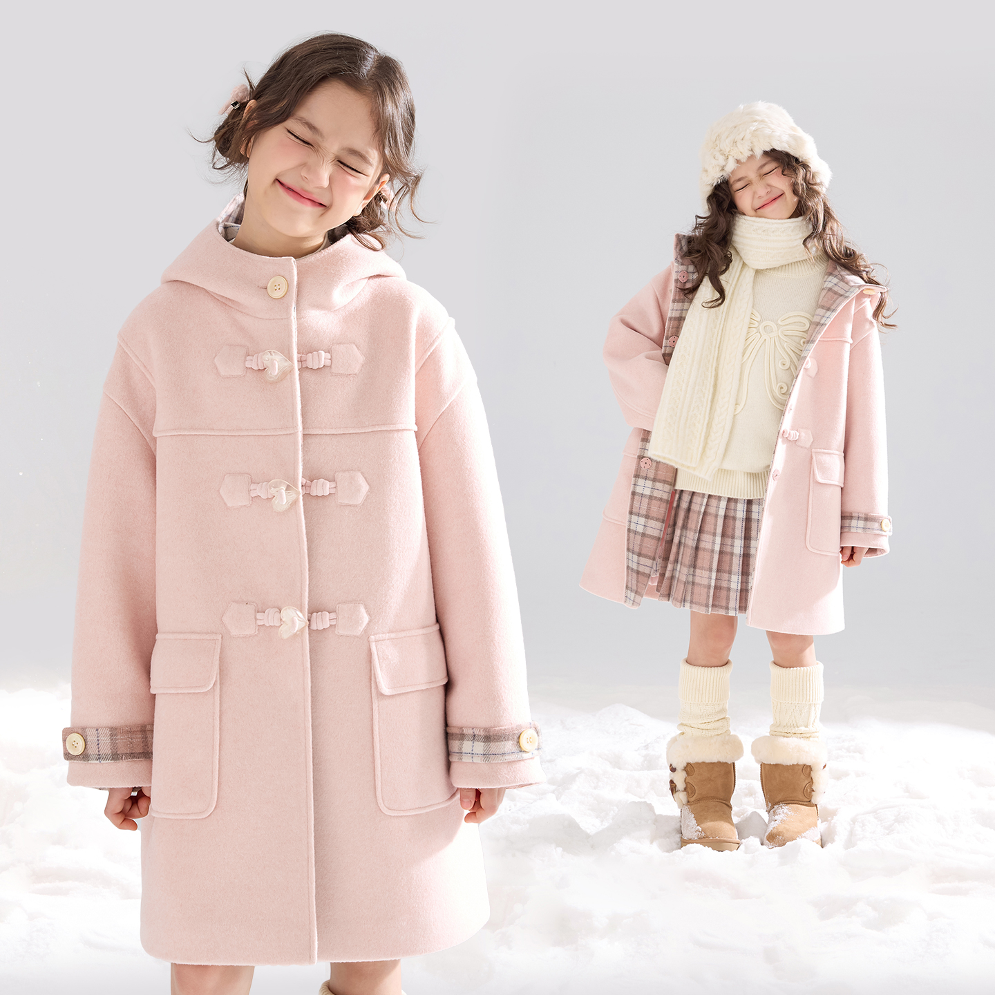 【宁儿粉丝专享】粉格拼接羊毛呢大衣3M新雪丽棉外套女童冬新