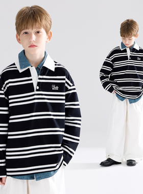 【宁儿粉丝专享】全棉复古假两件黑白条纹POLO衫男女童26春