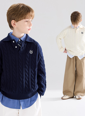 【宁儿粉丝专享】复古麻花羊毛混纺polo领学院毛衣男女童26春