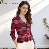 娅奴春季 通勤上衣开衫 中袖 V领红彩条休闲桑蚕丝针织衫 新款 Anlom
