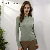 Anlom 上衣 显瘦立领毛衣淡灰绿长袖 娅奴极简风半拉链针织衫 女修身