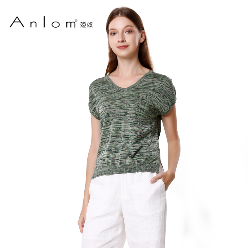 Anlom/娅奴新款桑蚕丝针织短袖薄款宽松V领显瘦套头针织衫上衣夏