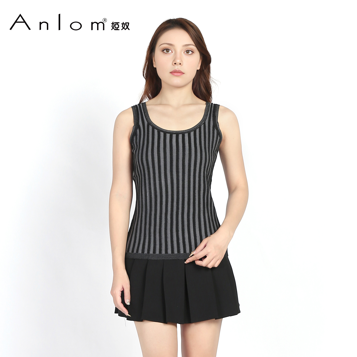 Anlom/娅奴100%桑蚕丝秋季时尚新款百搭条纹圆领无袖背心