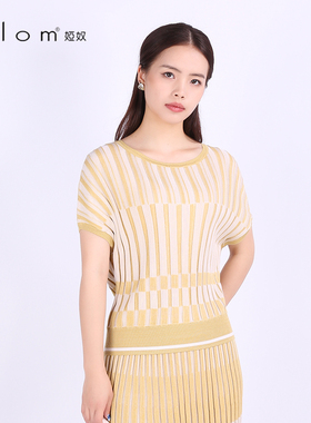 Anlom/娅奴夏季中袖新款圆领黄色休闲桑蚕丝针织衫通勤上衣套衫