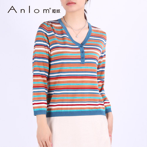 Anlom/娅奴桑蚕丝针织V领彩条